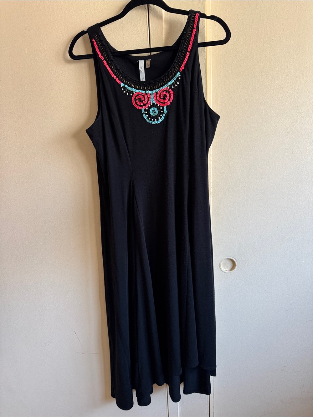 NY Collection Black Maxi Dress with Pink & Turquoise Beaded Neckline.A-line